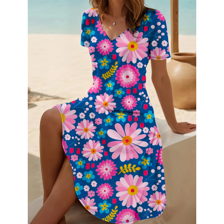 Women Floral Short Sleeve Summer Printing Dress V Neck Daily Casual Midi Fit & Flare Dress A-Line Dress