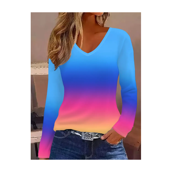 Women Ombre Long Sleeve Tee T-shirt V Neck Printing Casual Spring/Fall Graphic Tee Top