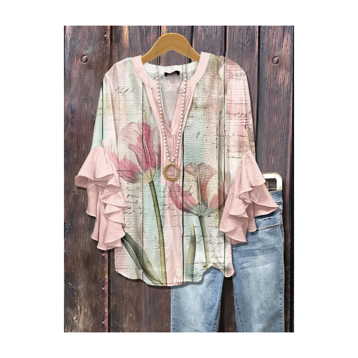 Women Floral Half Sleeve Shirt Summer Printing V Neck Daily Casual Top