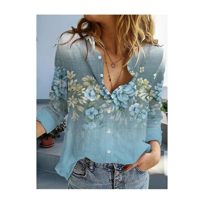 Women Floral Long Sleeve Shirt Spring/Fall Buckle Shirt Collar Daily Casual Top