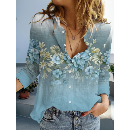 Women Floral Long Sleeve Shirt Spring/Fall Buckle Shirt Collar Daily Casual Top
