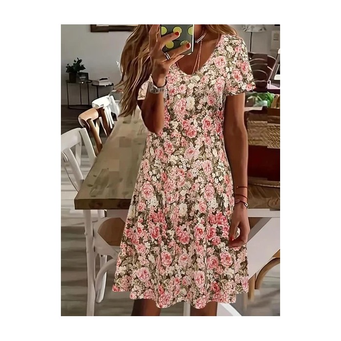 Women Floral Short Sleeve Summer Printing Dress V Neck Daily Casual Midi Fit & Flare Dress A-Line Dress
