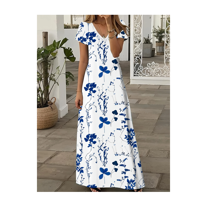 Women Floral Short Sleeve Summer Printing Dress V Neck Daily Casual Maxi X-Line Dress