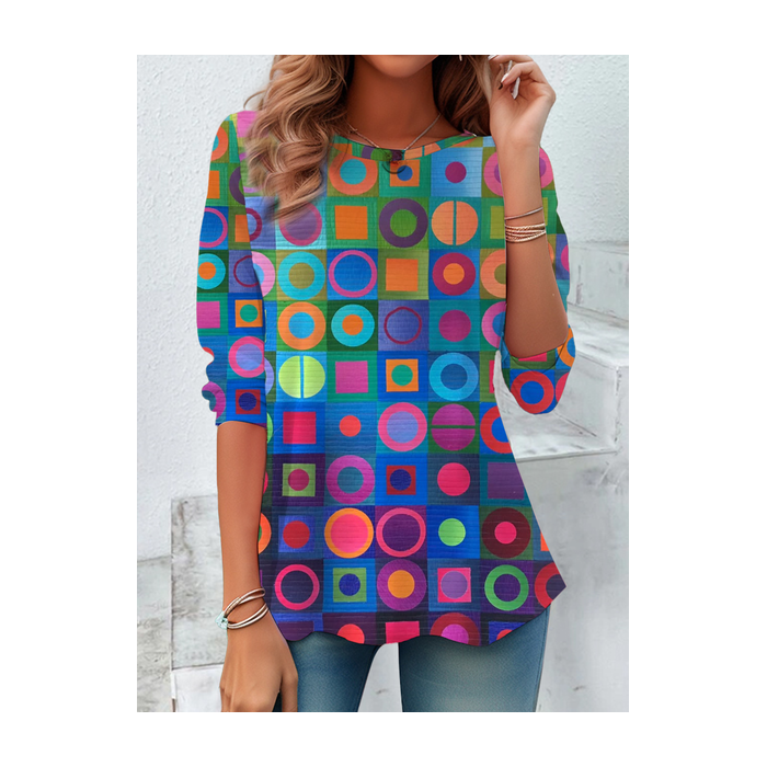 Women Geometric Long Sleeve Tee T-shirt Crew Neck Printing Casual Spring/Fall Tunic Top