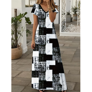 Women Abstract Plaid Short Sleeve Summer Printing Dress V Neck Daily Casual Maxi X-Line Dress