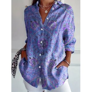 Women Floral Long Sleeve Shirt Spring/Fall Buckle Shirt Collar Regular Sleeve Daily Casual Top