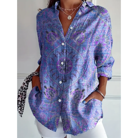 Women Floral Long Sleeve Shirt Spring/Fall Buckle Shirt Collar Regular Sleeve Daily Casual Top