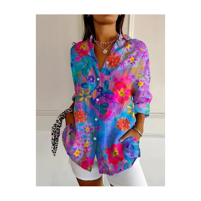Women Floral Long Sleeve Shirt Spring/Fall Buckle Shirt Collar Regular Sleeve Daily Casual Top