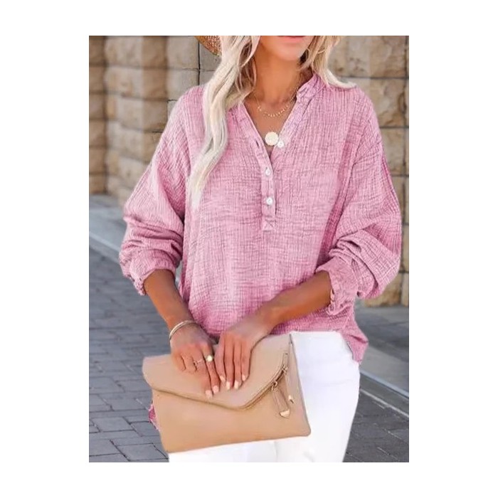 Women Plain Long Sleeve Shirt Spring/Fall Split Joint V Neck Daily Casual Top