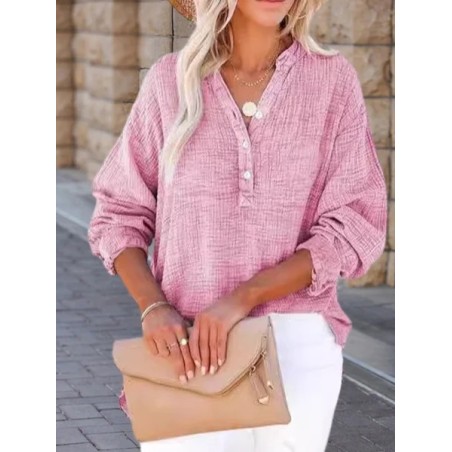 Women Plain Long Sleeve Shirt Spring/Fall Split Joint V Neck Daily Casual Top