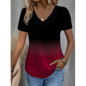 Women Ombre Short Sleeve Tee T-shirt V Neck Printing Casual Summer Graphic Tee Top