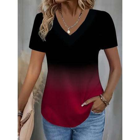 Women Ombre Short Sleeve Tee T-shirt V Neck Printing Casual Summer Graphic Tee Top