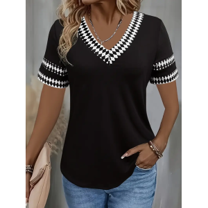Women Geometric Short Sleeve Tee T-shirt V Neck Printing Casual Summer Graphic Tee Top