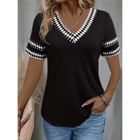 Women Geometric Short Sleeve Tee T-shirt V Neck Printing Casual Summer Graphic Tee Top