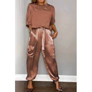 Women Plain Pocket Stitching Two-Piece Set Daily Half Sleeve Casual Summer Top With Pants Matching Set