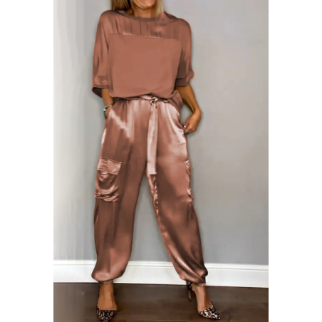 Women Plain Pocket Stitching Two-Piece Set Daily Half Sleeve Casual Summer Top With Pants Matching Set