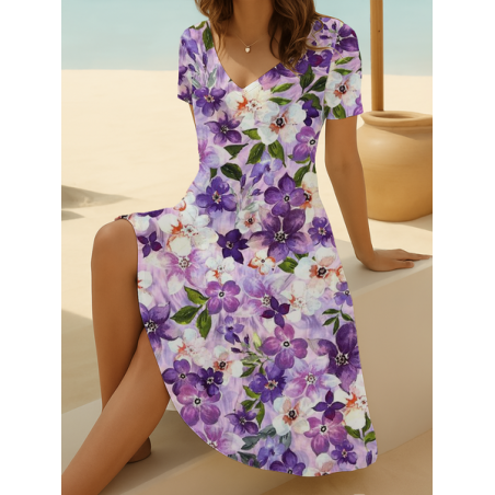 Women Floral Short Sleeve Summer Printing Dress V Neck Daily Casual Midi Fit & Flare Dress A-Line Dress