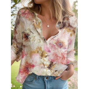 Women Floral Long Sleeve Shirt Spring/Fall Buckle Shirt Collar Daily Casual Top