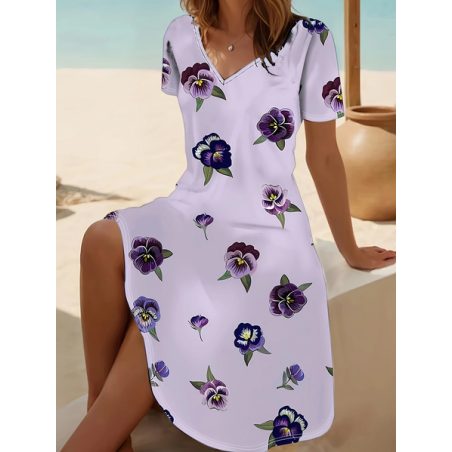 Women Floral Short Sleeve Summer Printing Dress V Neck Daily Casual Midi Fit & Flare Dress A-Line Dress