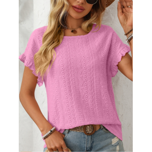 Women Geometric Short Sleeve Tee T-shirt Crew Neck Jacquard Casual Summer Top