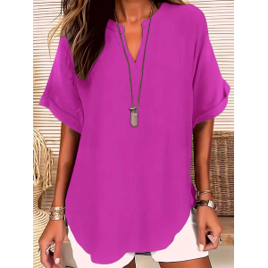Women Plain Short Sleeve Shirt Summer V Neck Daily Casual Top