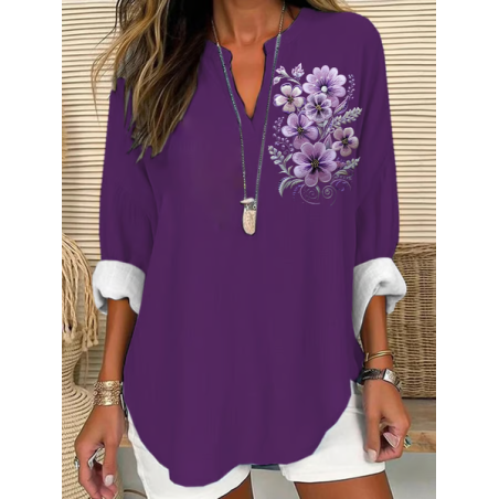 Women Floral Long Sleeve Blouse Spring/Fall Printing V Neck Daily Casual Top
