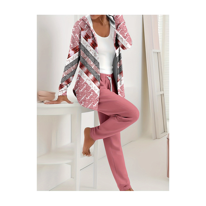 Women Abstract Printing Two-Piece Set Daily Long Sleeve Casual Spring/Fall Coat With Pants Matching Set