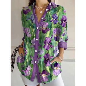 Women Floral Long Sleeve Shirt Spring/Fall Buckle Shirt Collar Daily Casual Top