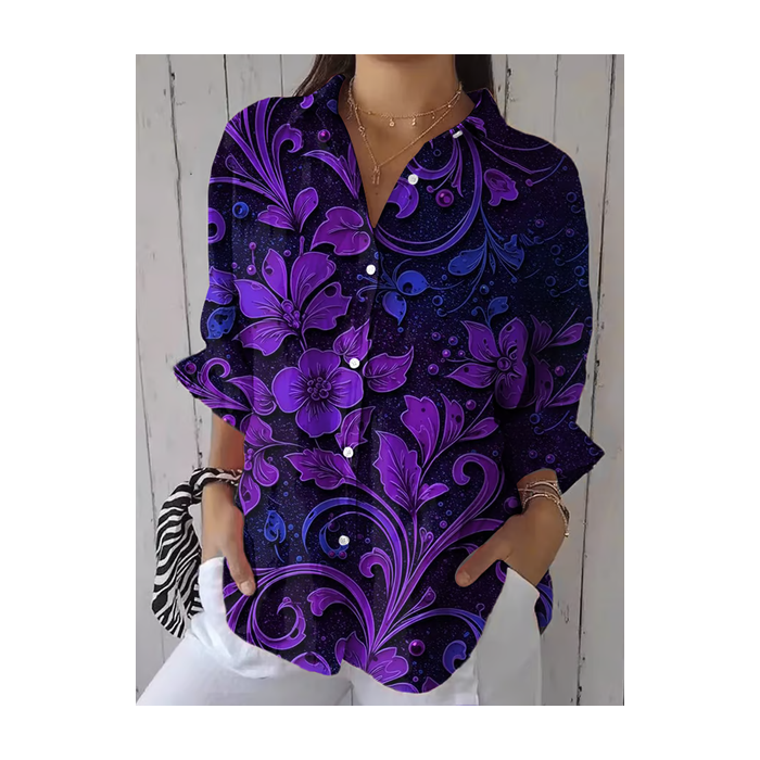 Women Floral Three Quarter Sleeve Shirt Spring/Fall Printing Shirt Collar Daily Casual Top