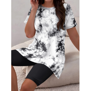 Women Abstract Printing Two-Piece Set Daily Short Sleeve Casual Summer Top With Pants Matching Set