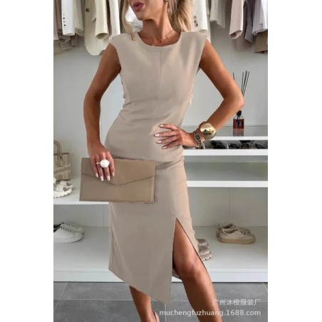 Women Plain Short Sleeve Summer Split Joint Dress Crew Neck Daily Casual Midi Tank A-Line Dress