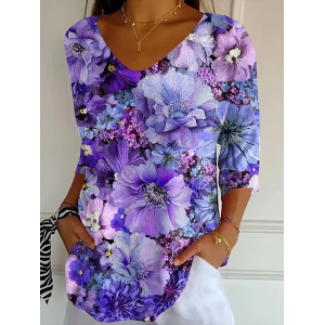 Women Floral Three Quarter Sleeve Tee T-shirt V Neck Printing Casual Spring/Fall Graphic Tee Top