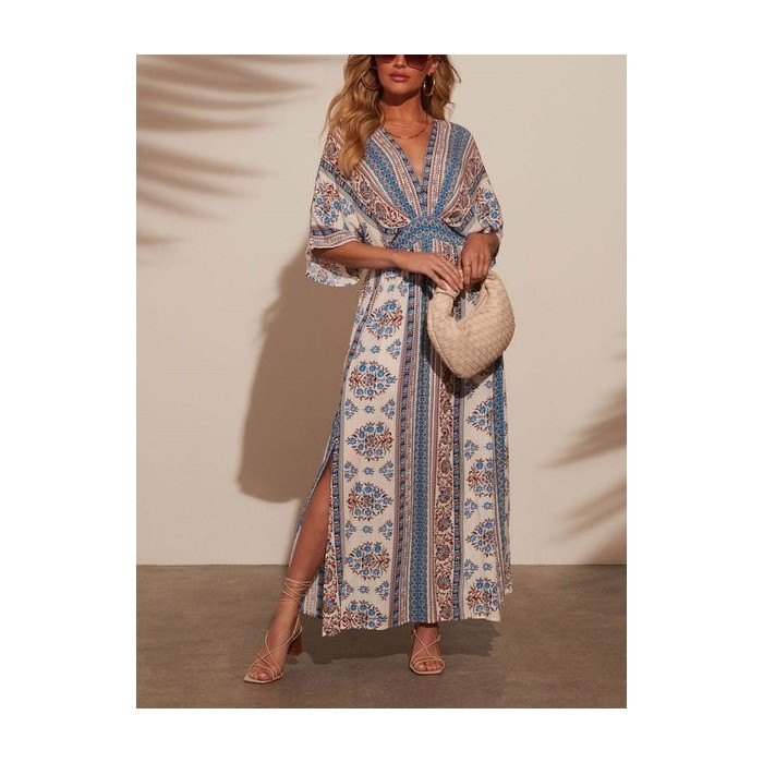 Women Floral Short Sleeve Summer Printing Dress V Neck Daily Vintage Maxi Tank A-Line Dress