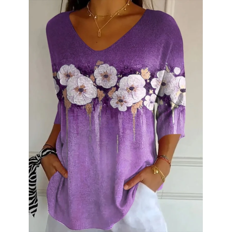 Women Floral Three Quarter Sleeve Tee T-shirt V Neck Printing Casual Spring/Fall Graphic Tee Top