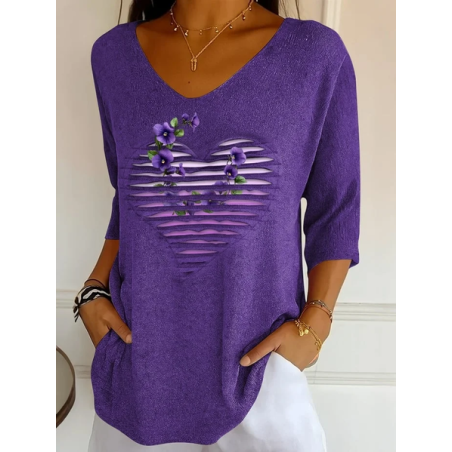 Women Floral Three Quarter Sleeve Tee T-shirt V Neck Printing Casual Spring/Fall Graphic Tee Top