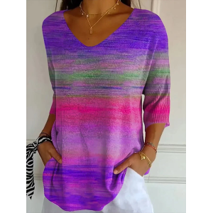 Women Abstract Stripes Three Quarter Sleeve Tee T-shirt V Neck Printing Casual Spring/Fall Graphic Tee Top