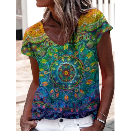 Women Floral Short Sleeve Tee T-shirt V Neck Printing Casual Summer Graphic Tee Top