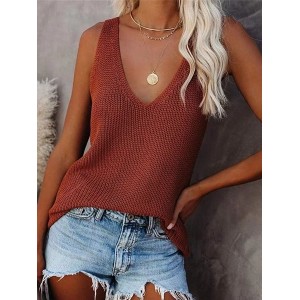 Women Sleeveless Tank Top Camisole Summer Plain Split Joint V Neck Daily Simple Top