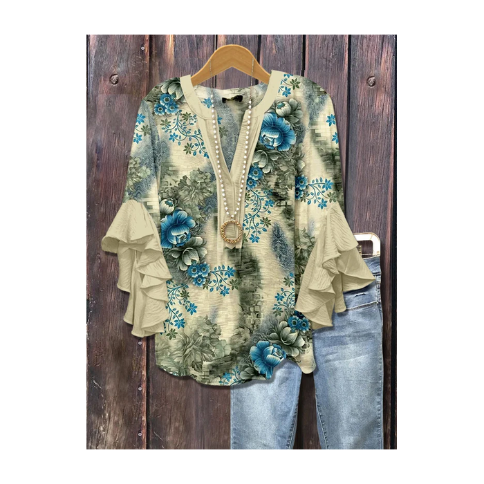 Women Floral Half Sleeve Shirt Summer Printing V Neck Daily Casual Top