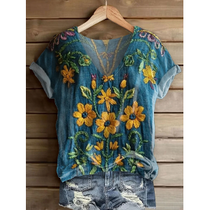 Women Floral Short Sleeve Tee T-shirt V Neck Printing Casual Summer Graphic Tee Top