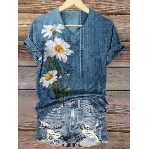 Women Floral Short Sleeve Tee T-shirt V Neck Printing Casual Summer Graphic Tee Top
