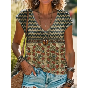 Women Floral Short Sleeve Tee T-shirt V Neck Printing Casual Summer Graphic Tee Top