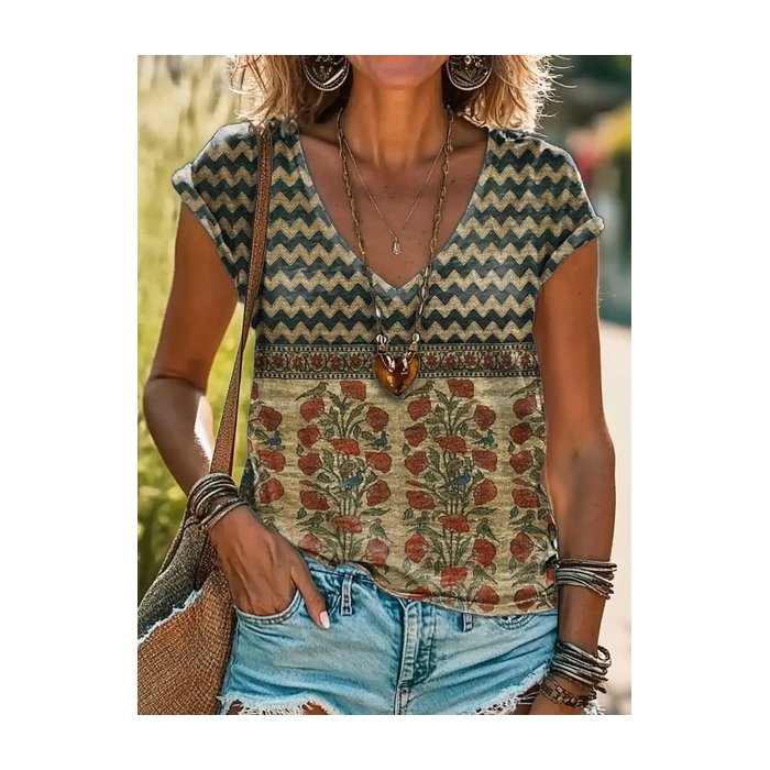 Women Floral Short Sleeve Tee T-shirt V Neck Printing Casual Summer Graphic Tee Top