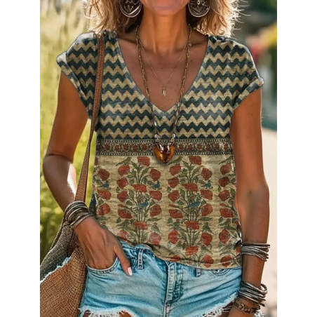 Women Floral Short Sleeve Tee T-shirt V Neck Printing Casual Summer Graphic Tee Top