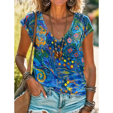 Women Abstract Short Sleeve Tee T-shirt V Neck Printing Casual Summer Graphic Tee Top