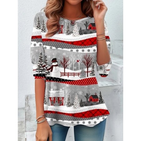 Women's Long Sleeve Tee T-shirt Spring/Fall Christmas Snowman Printing Jersey Crew Neck Daily Going Out Vintage Top