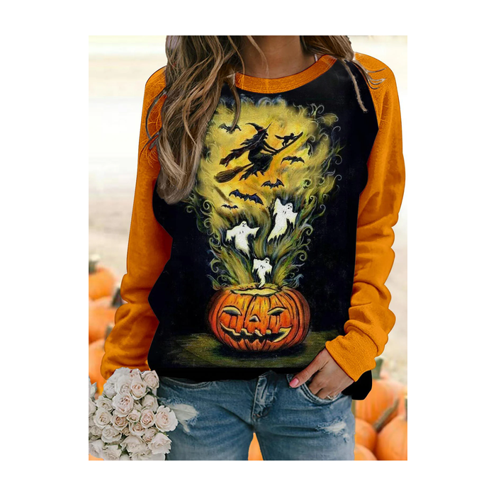 Women's Crew Neck Halloween (pumpkin) Printing Vintage Spring/Fall Long Sleeve Sweatshirt