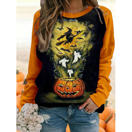 Women's Crew Neck Halloween (pumpkin) Printing Vintage Spring/Fall Long Sleeve Sweatshirt