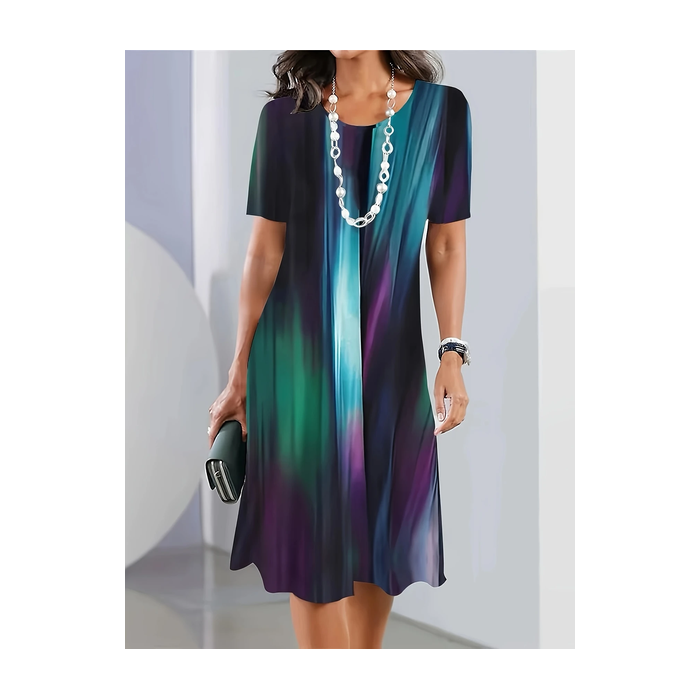 Women Abstract Short Sleeve Summer Printing Dress Crew Neck Daily Vintage Midi Tunic H-Line Dress