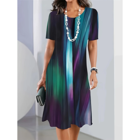 Women Abstract Short Sleeve Summer Printing Dress Crew Neck Daily Vintage Midi Tunic H-Line Dress